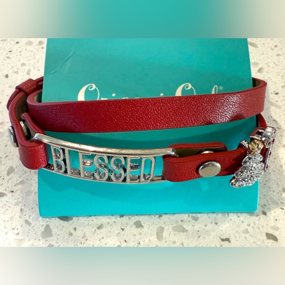 NEW Origami Owl Red Leather Wrap Bracelet Blessed Christmas Holiday Rhinestones - Picture 1 of 5